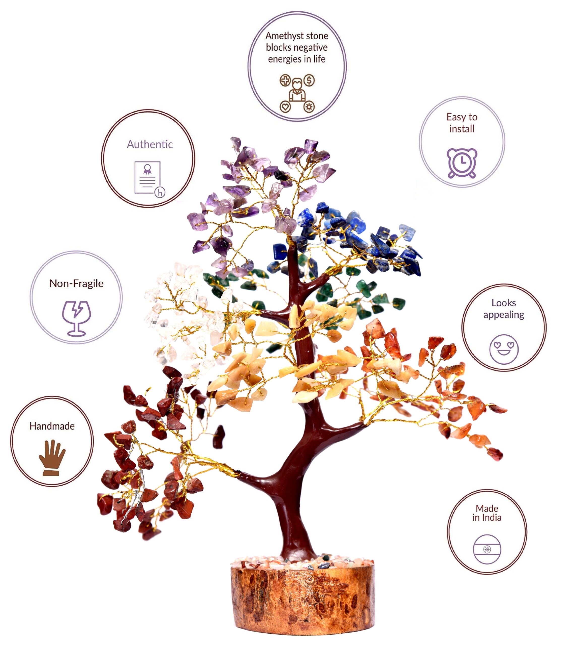Tree of Life Natural Gemstone Seven Chakra on Wood Base – KalaVibes
